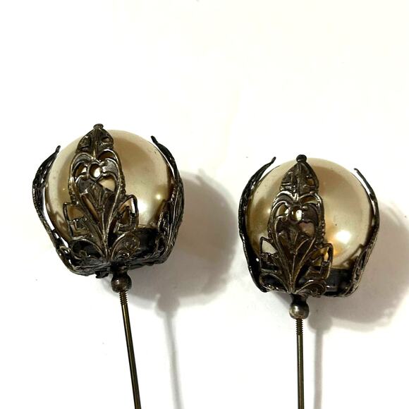 Antique Victorian Faux Pearl Hat Pins Lot of 2 - Picture 2 of 8